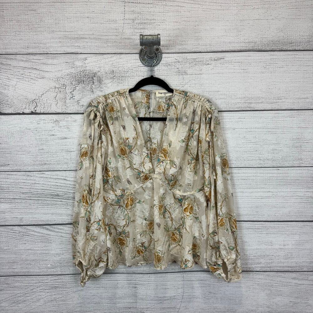Impressions Women's Cream Floral Long Sleeve V-Neck Blouse Size Small